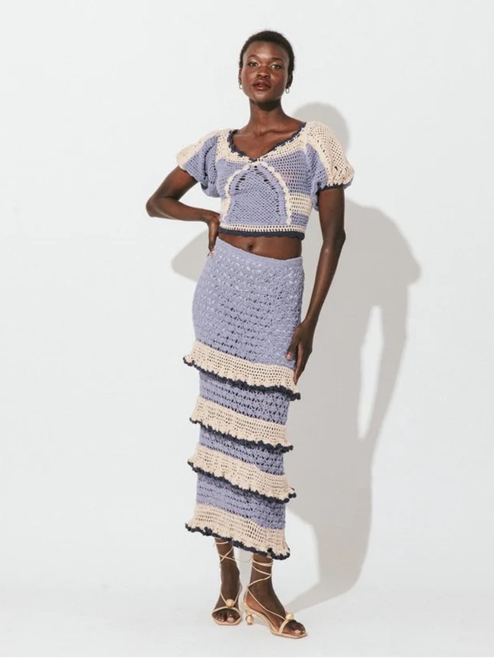 Cleobella Blue and Cream Crochet Midi Dress Set